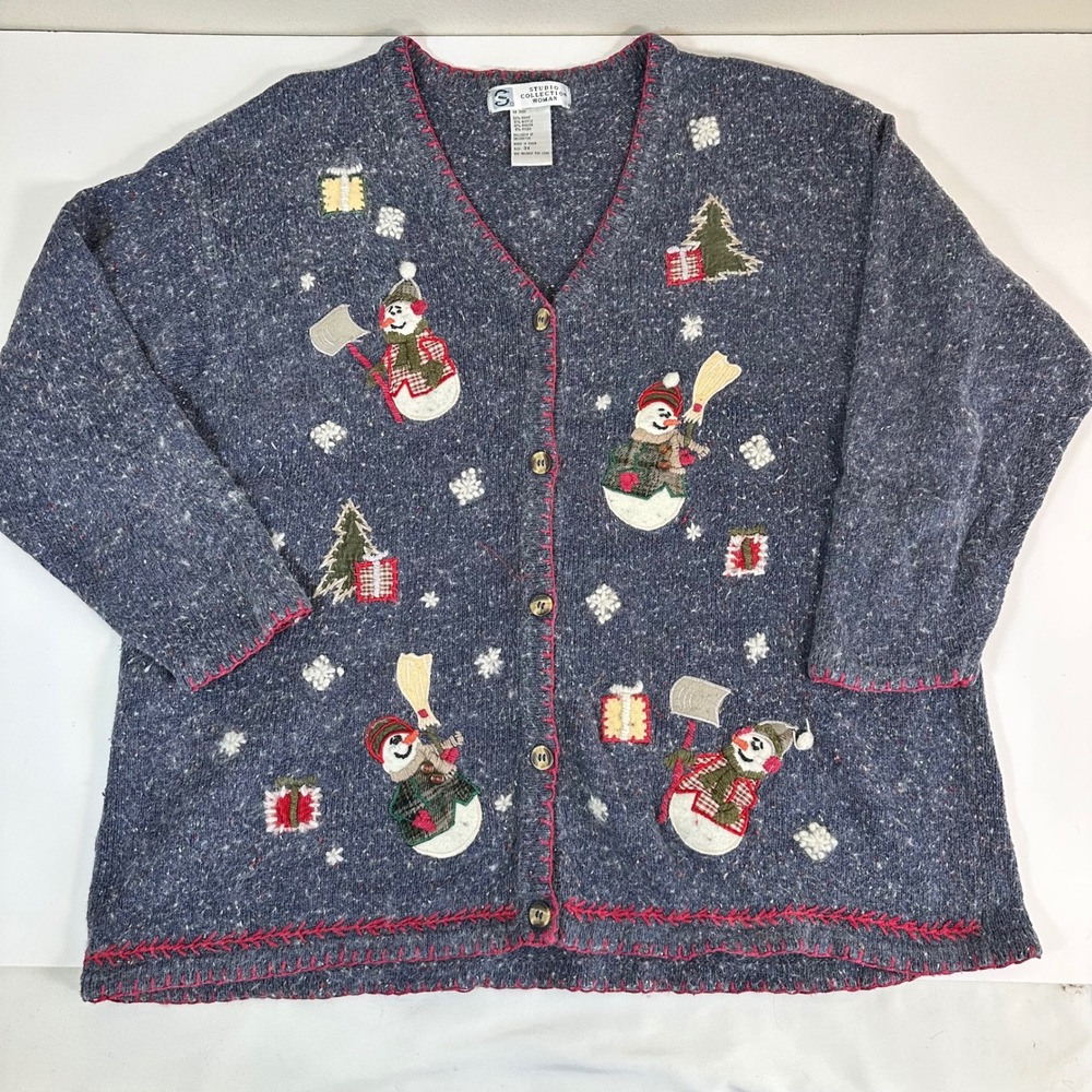 Vintage Christmas Snowman Sweater Cardigan Blue Angora Blend 3X Plus‎ 3/4 Sleeve